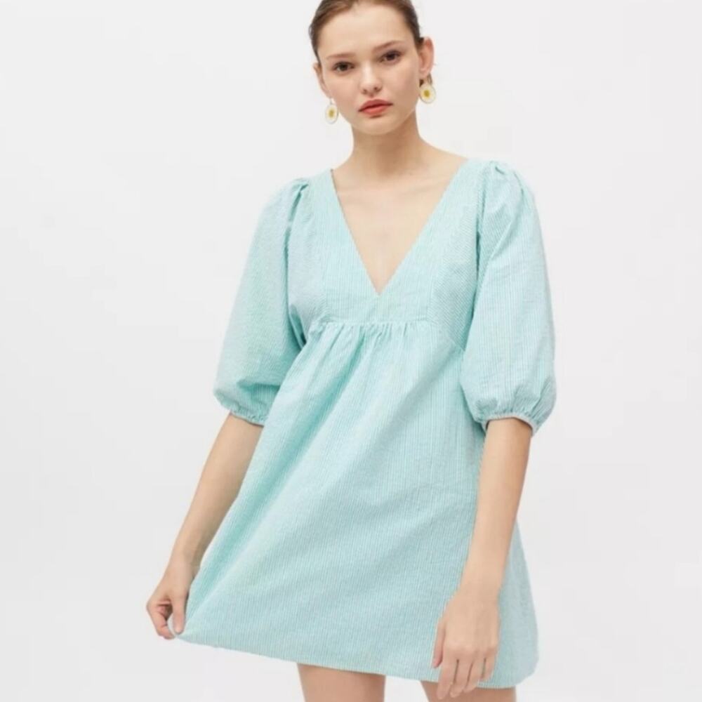 Urban Outfitters Charolette Green White Seersucker Stripe Babydoll Mini Dress S
